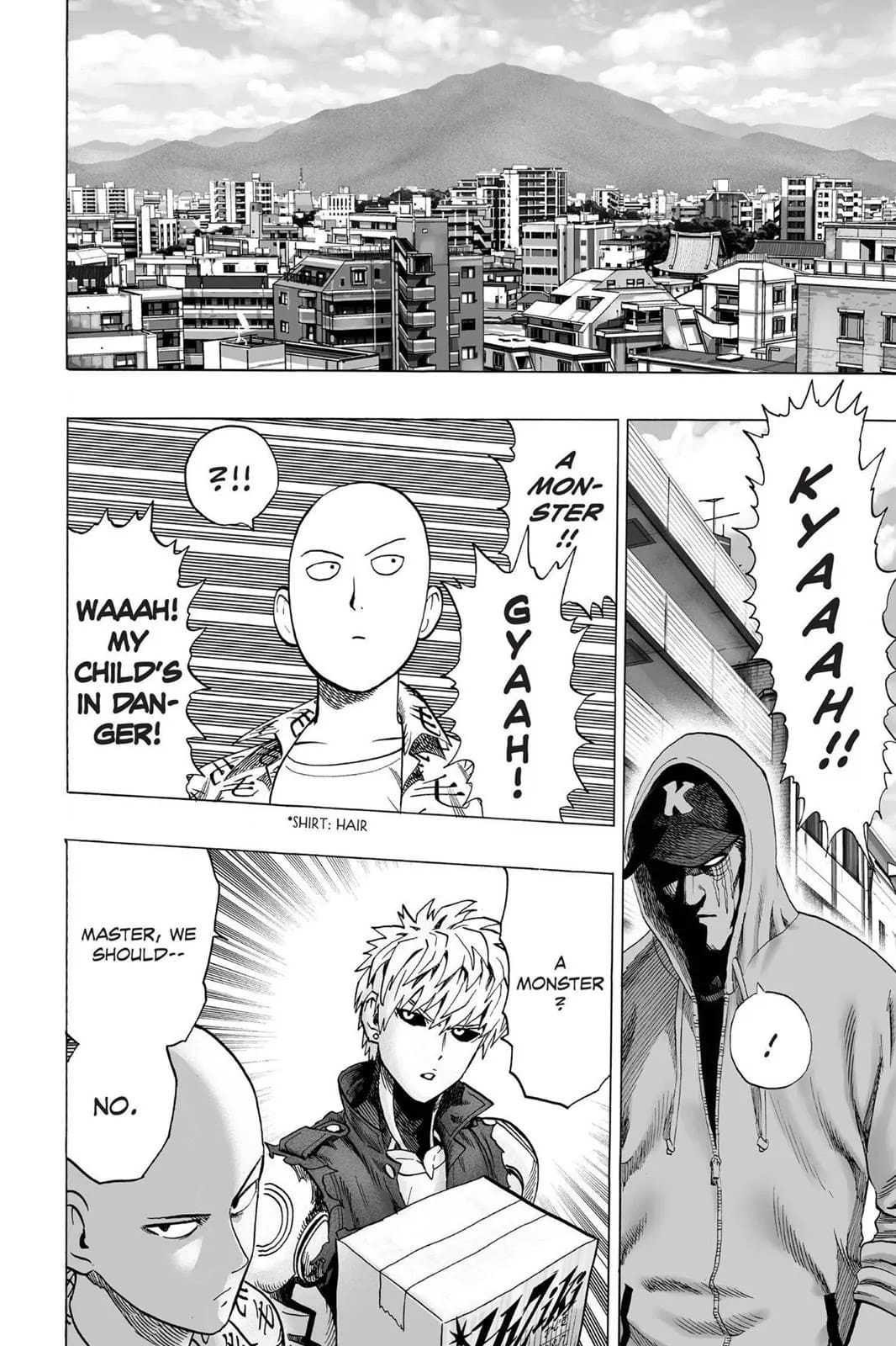 Genos, Saitama, and King hear someone scream a monster.