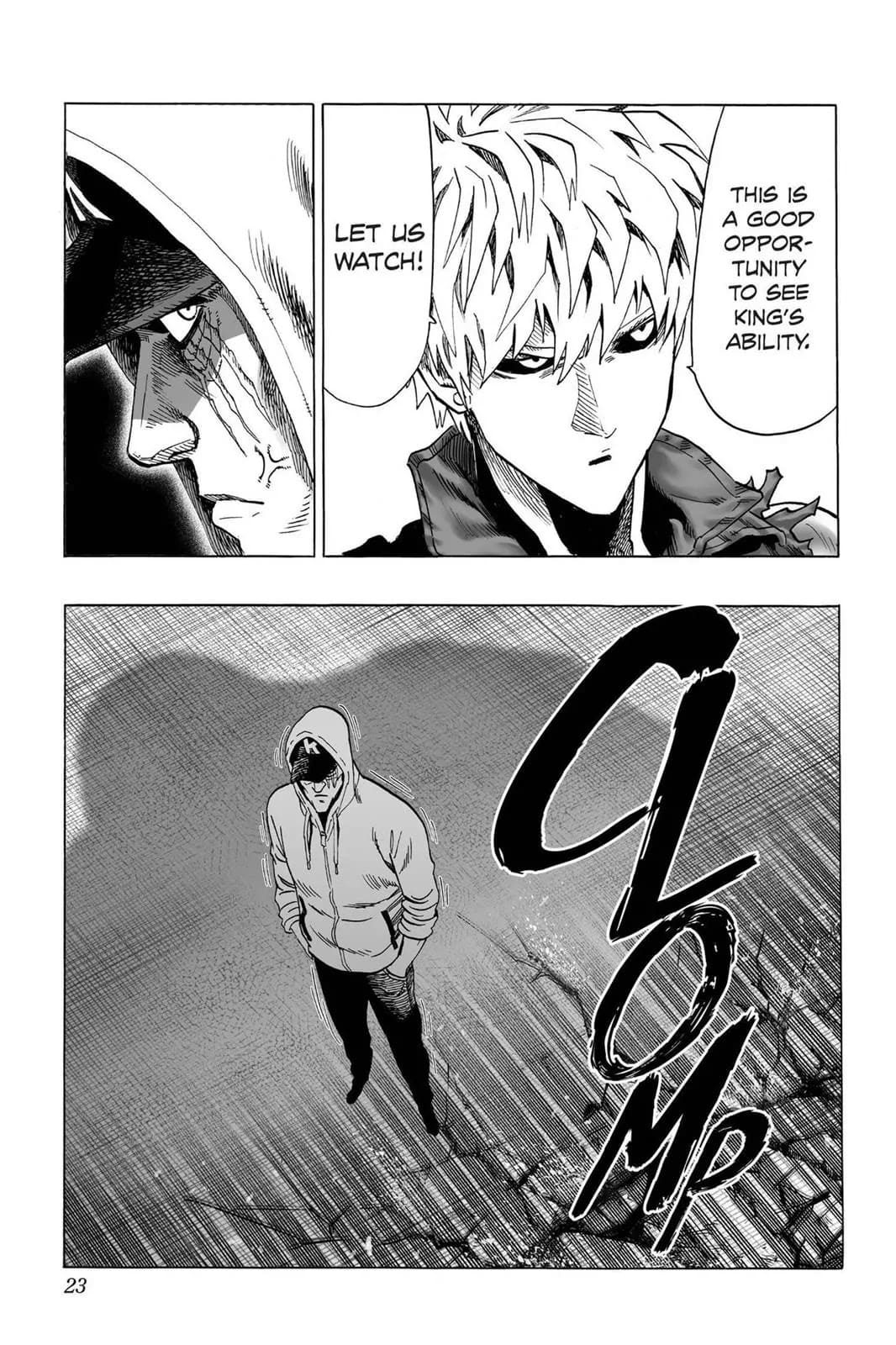 Genos watches King nearby while he faces a giant monster.