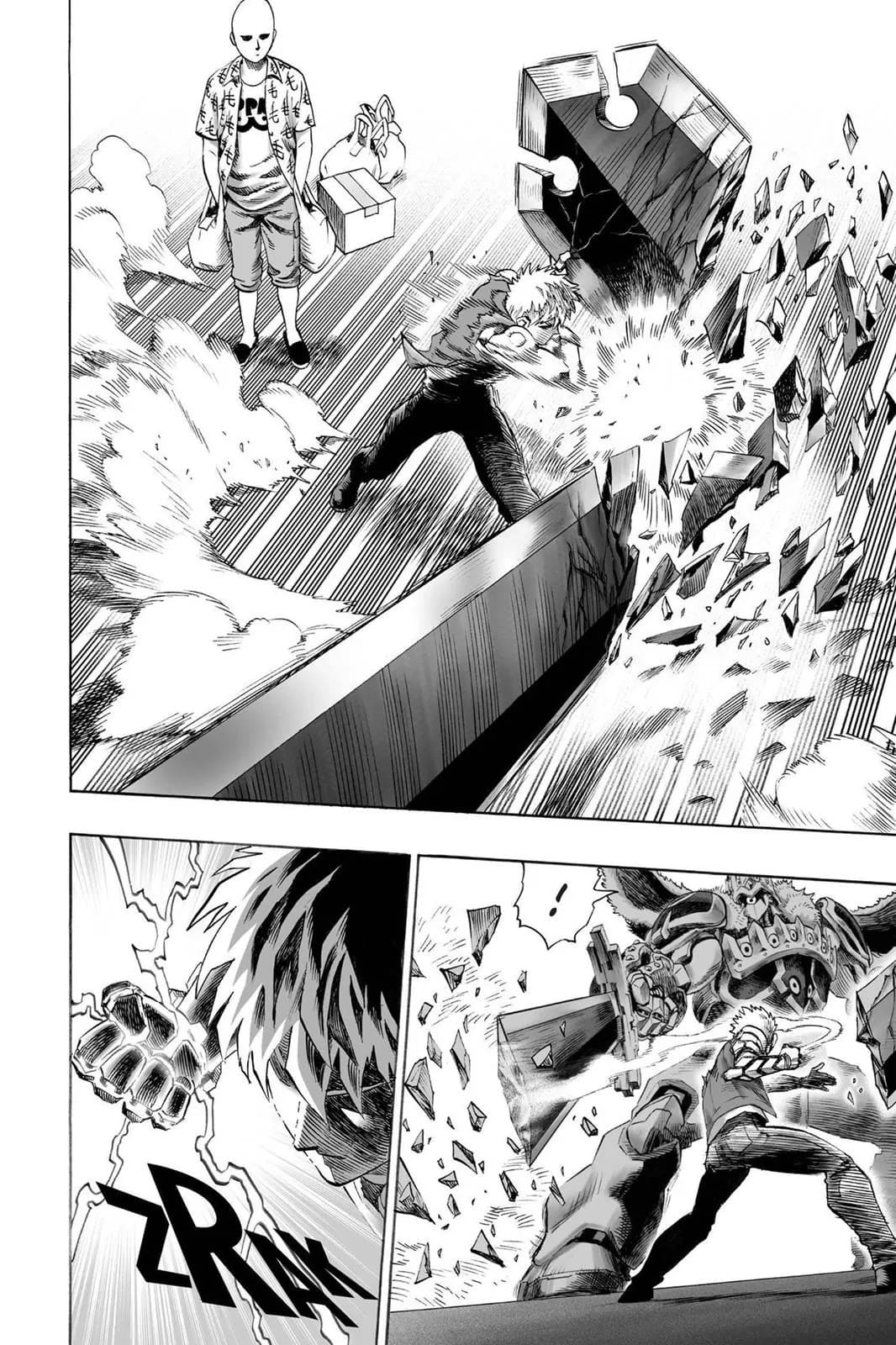 Cut to the scene; Genos is now fighting the robot and breaks his sword.