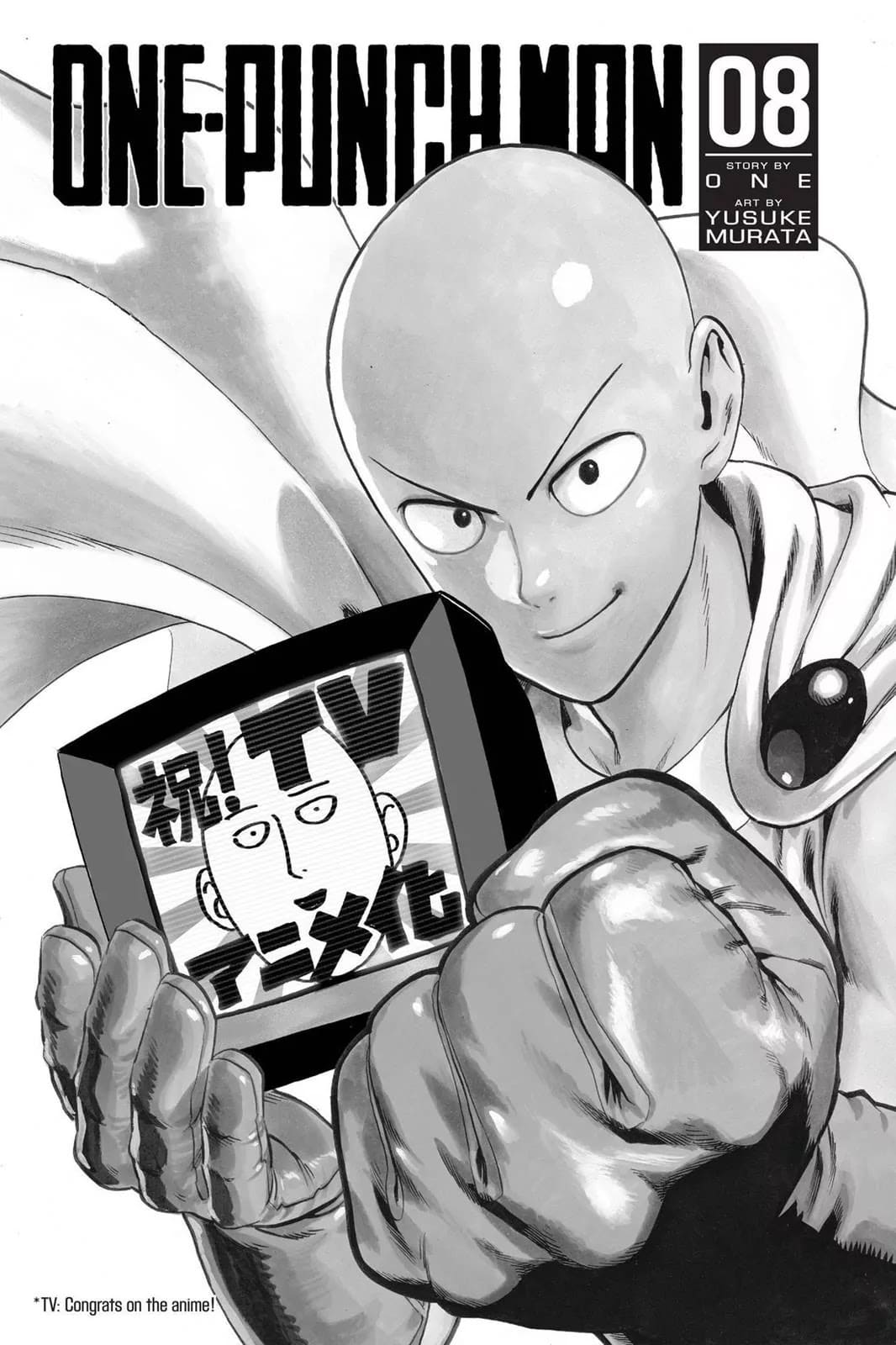 Saitama holds a small TV showing his egghead face and expression.