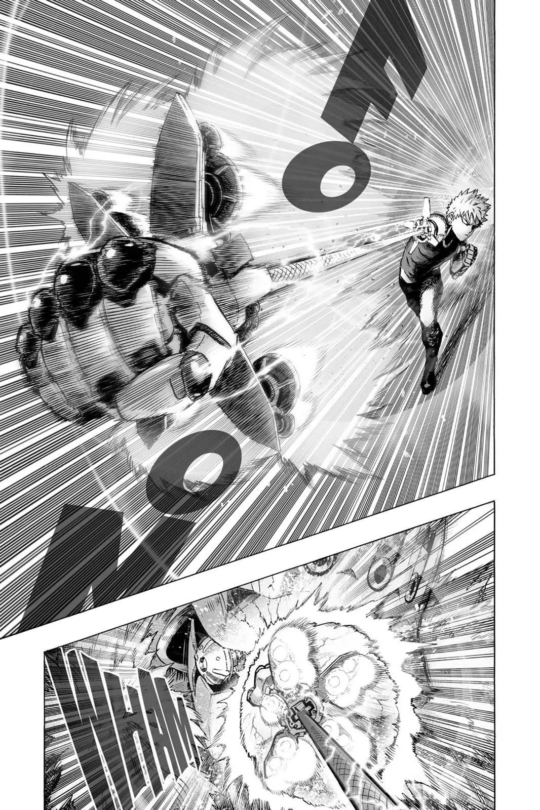 Genos throws a retractable punch and hits the robot's face.