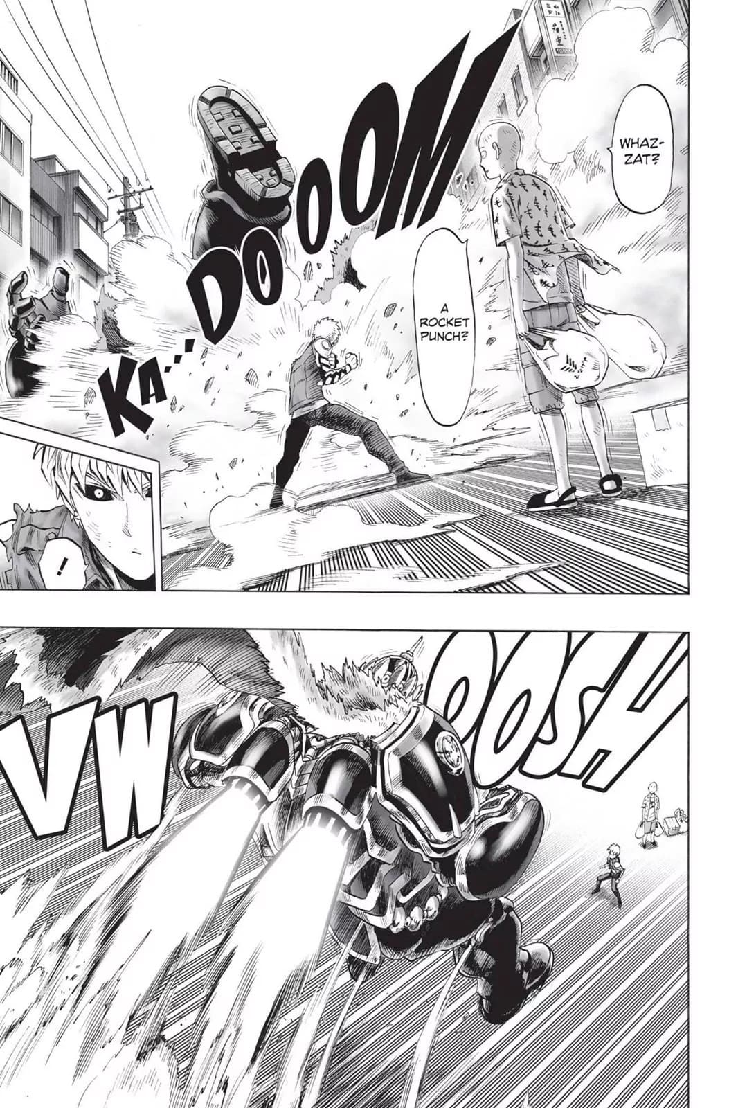 Saitama stands surprised by Genos' rocket punch while the robot returns with a jetpack behind him.