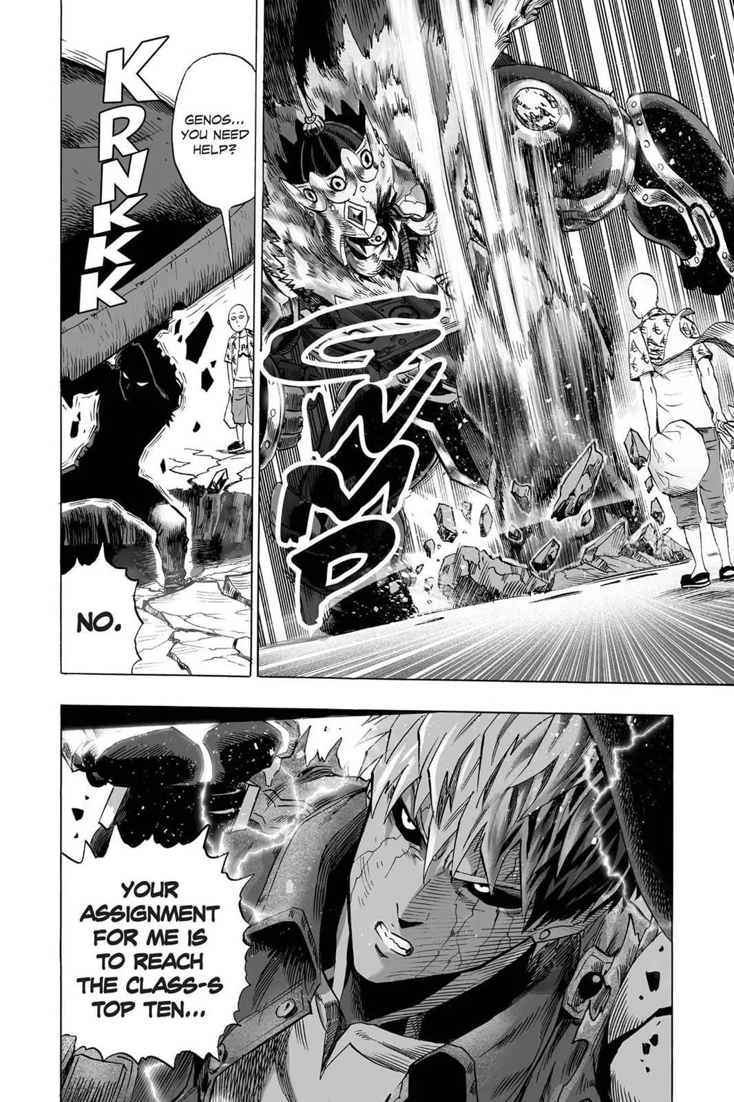 The robot monster attacks Genos with a powerful foot stomp.