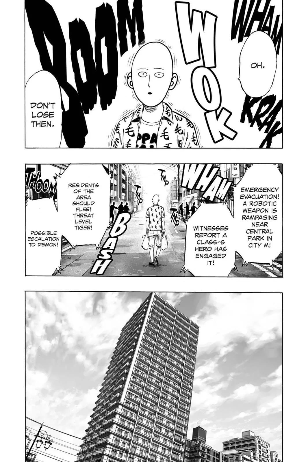 Saitama cheers for Genos and starts walking away, leaving him fighting the monster.