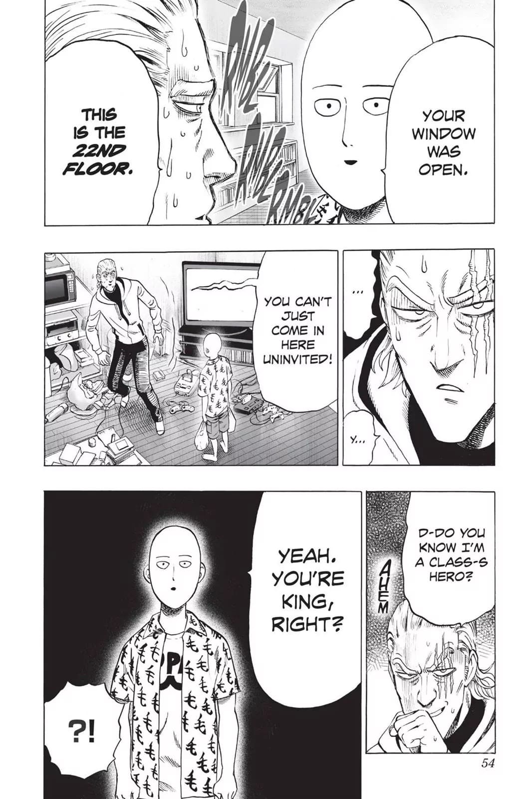 King was surprised how Saitama got into his room on the 22nd floor while intimidating him of his S-Class rank.