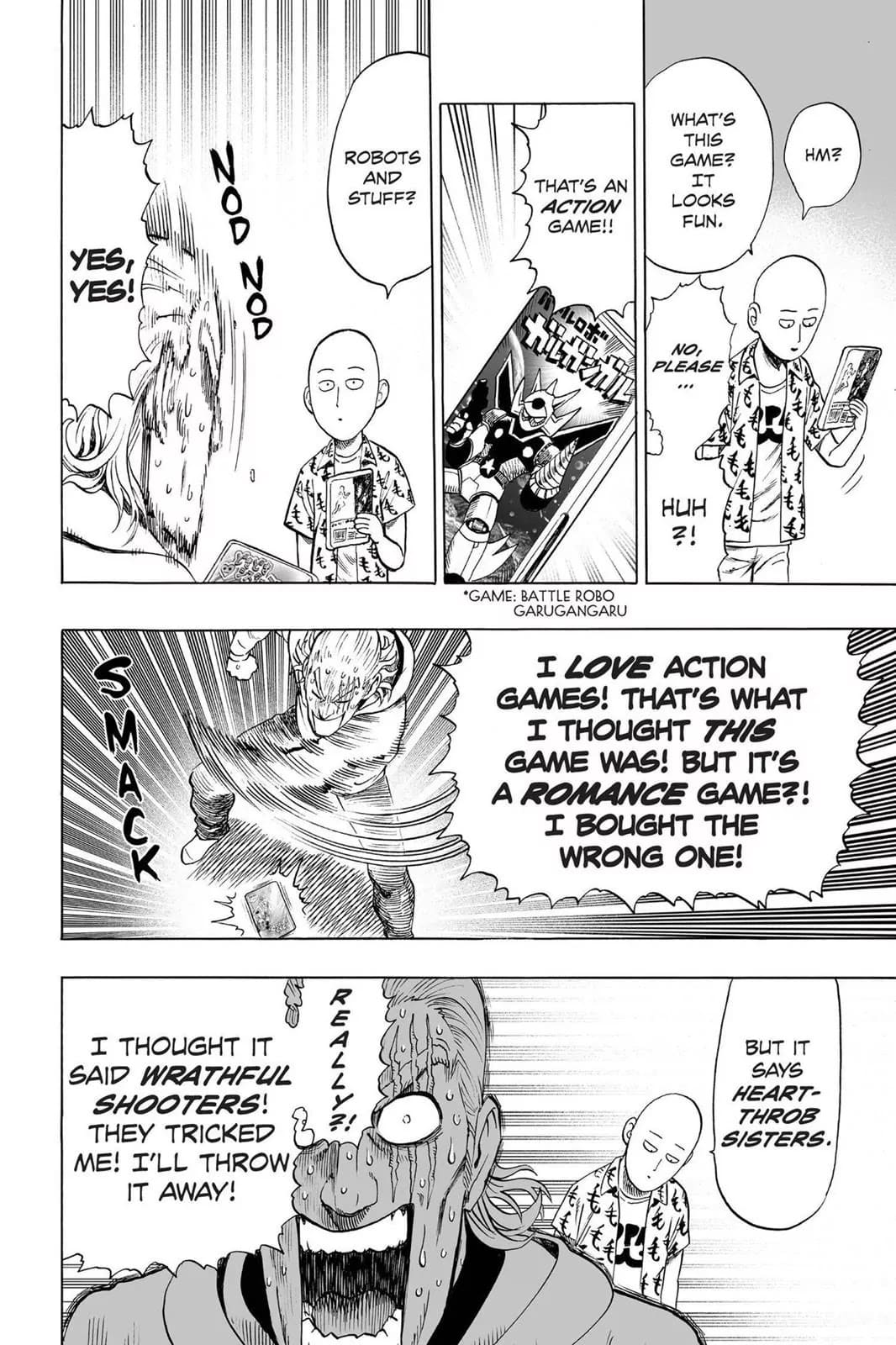 King snatches the video game tape that Saitama is holding.