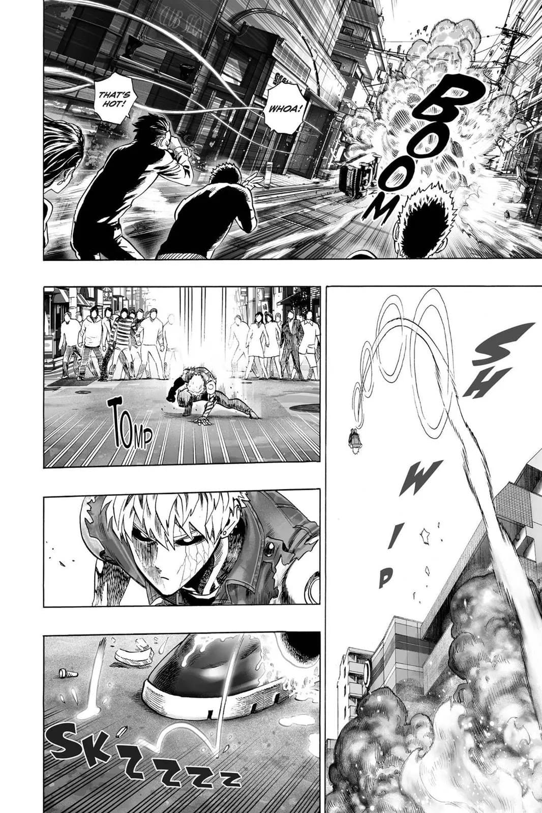 The robot explodes, and Genos lands in front of the citizens.