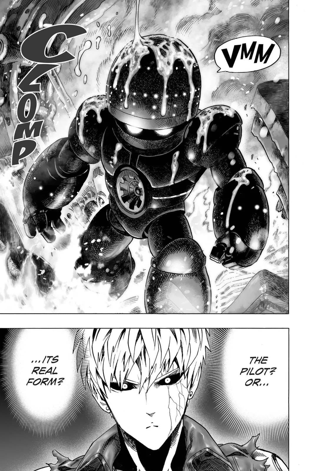 Genos assesses if the small robot walking towards him is its real body or the pilot.