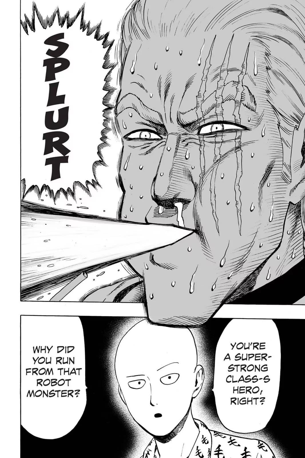 King suddenly bursts his drink from his mouth after Saitama asks why he ran away, though he's an S-Class hero.