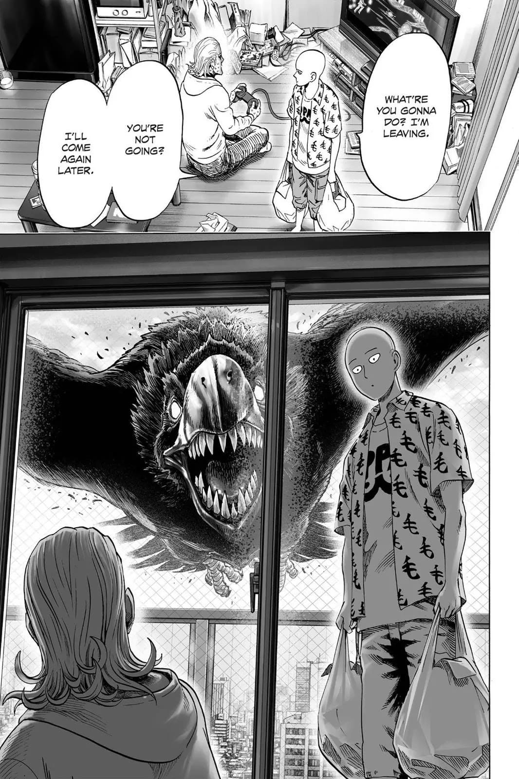 Saitama starts leaving while a giant monster bird is seen coming at him by the window.