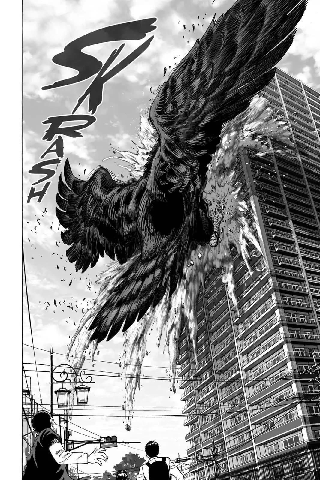 The giant monster bird attacks the massive building of King and Saitama as the citizens watch below.