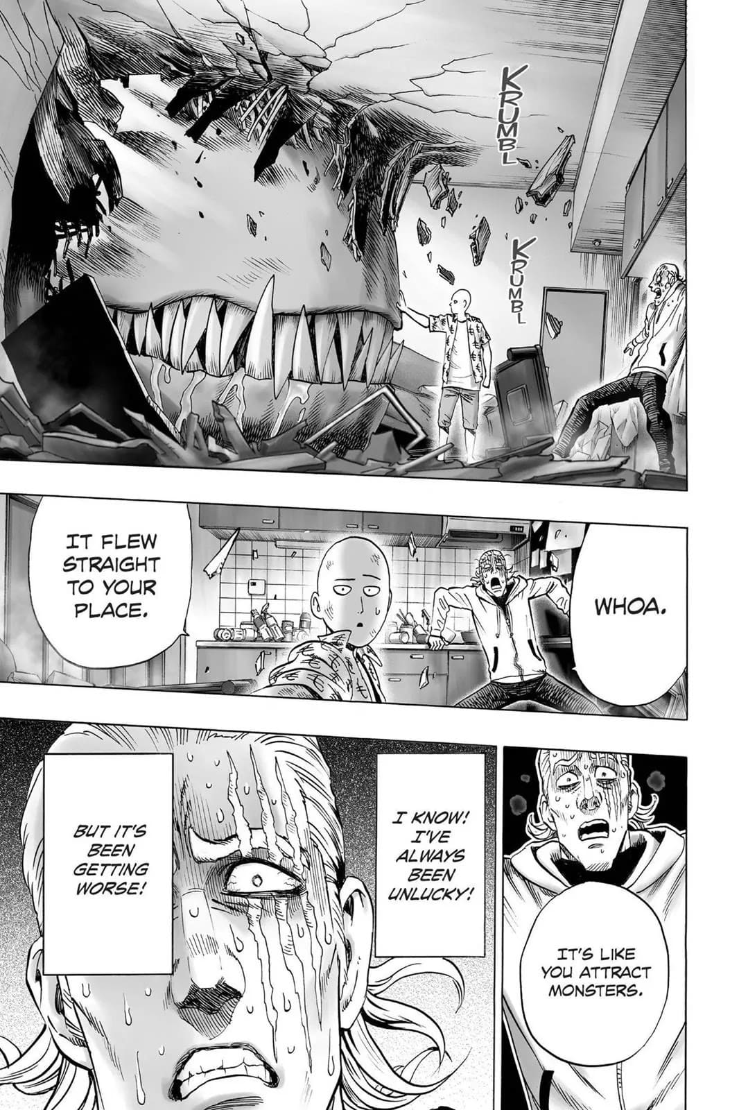 Saitama stops the monsters with one arm while King stands scared behind him.