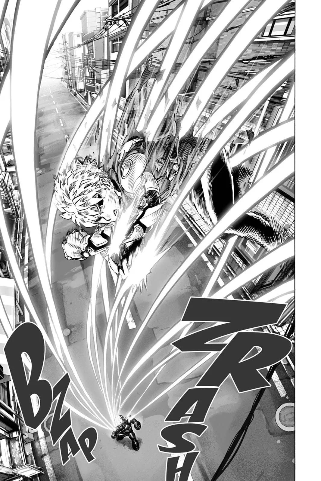 Genos and the small robot monster continue the fight.