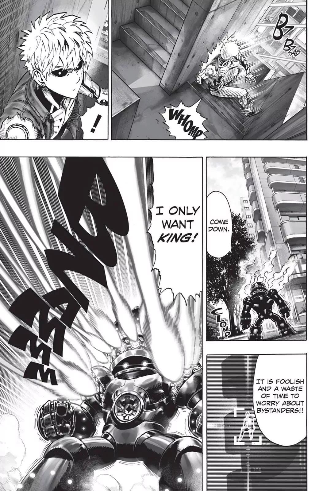 Genos hides, but the robot spots him and shoots another barrage of lasers.