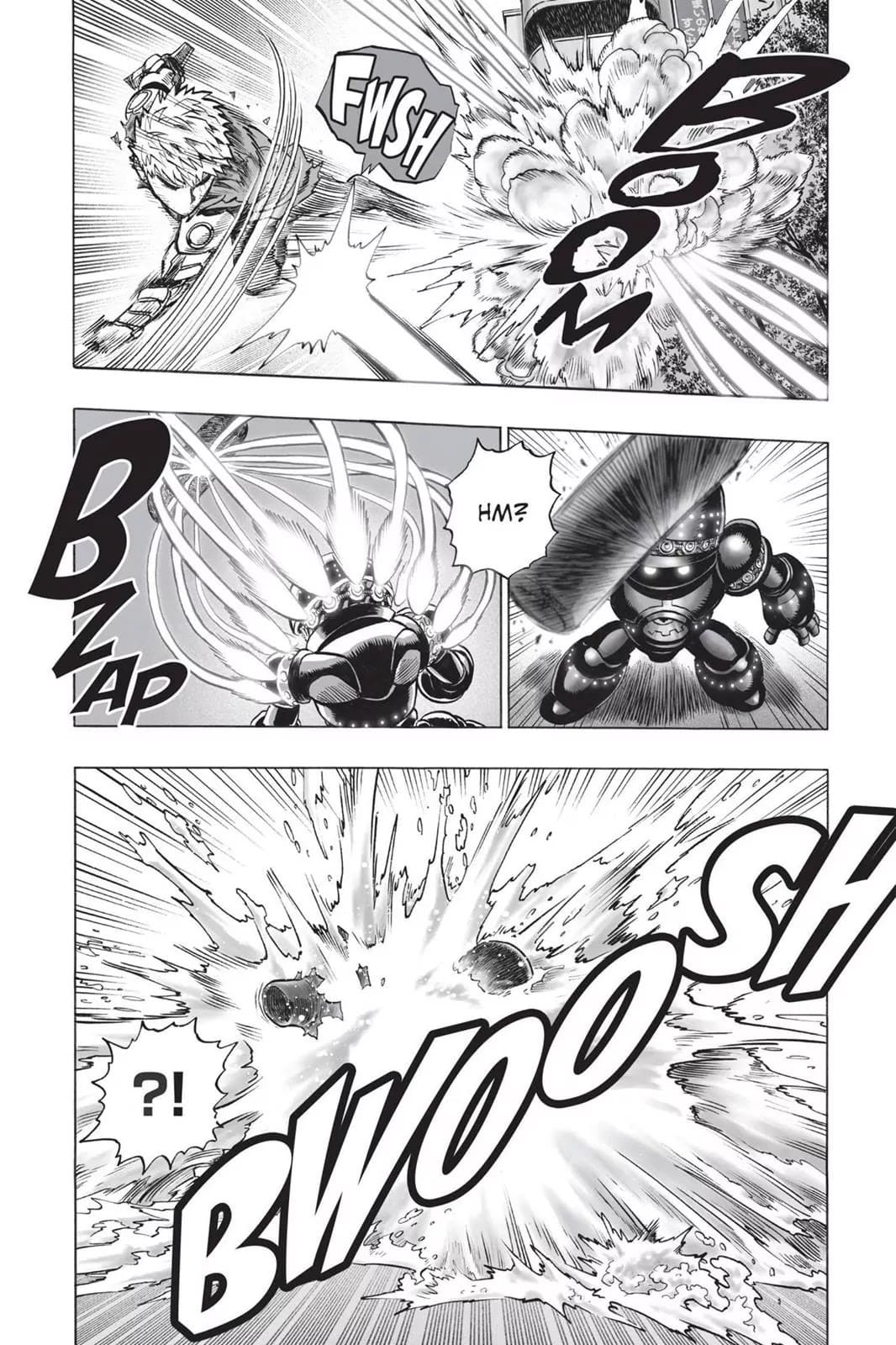 Genos counters by throwing a CO2 extinguisher at the robot.