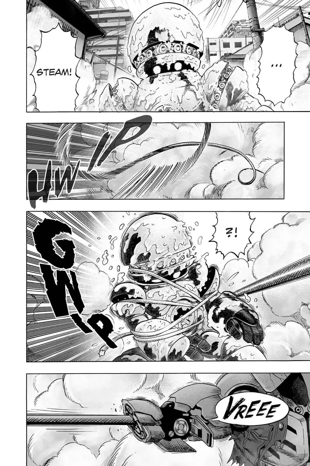 Steam forms near the robot while Genos retracts his fist and binds the monster.