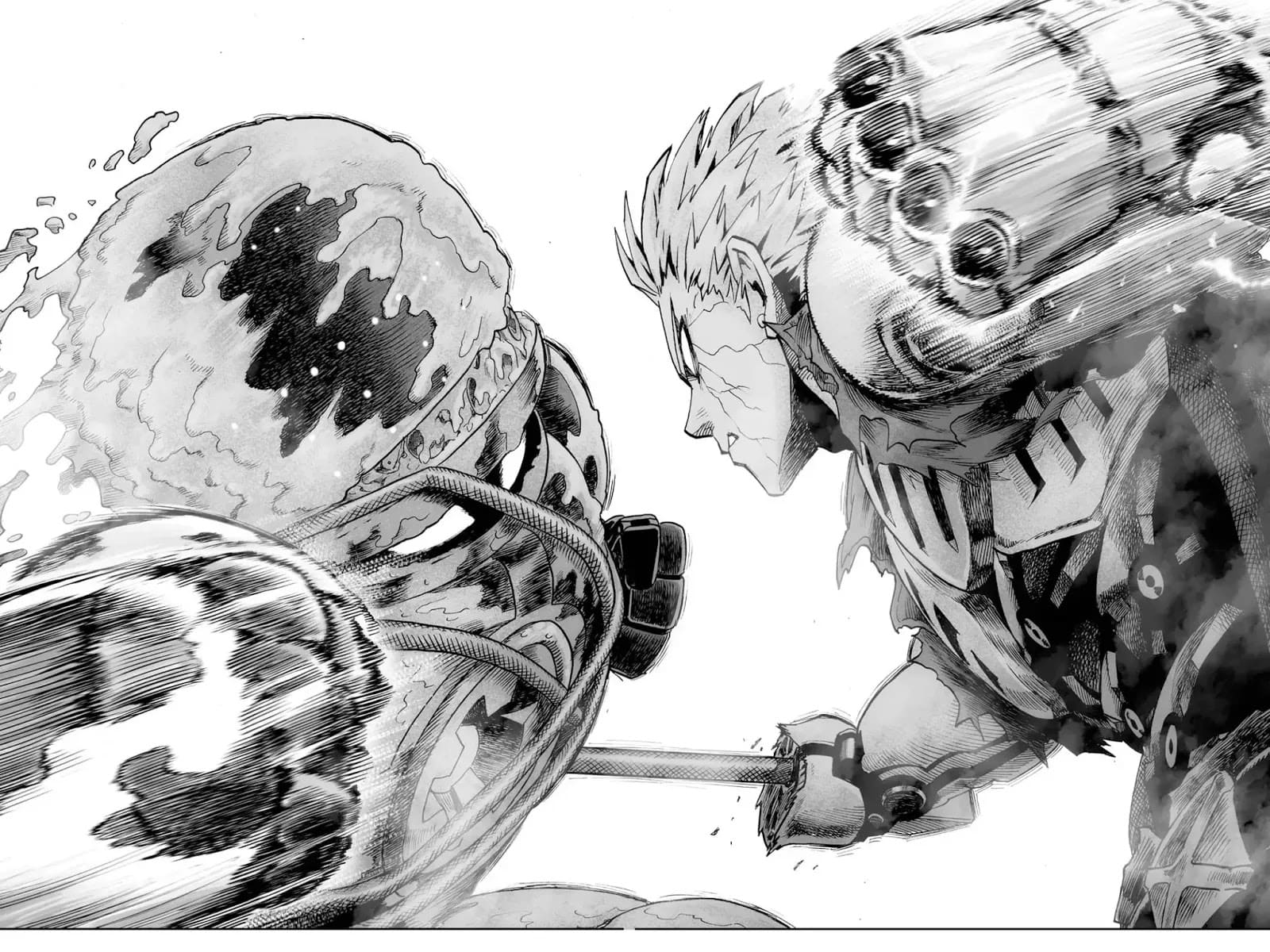 Genos and the monster start a hand-to-hand fistfight.