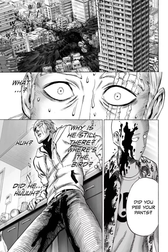 The bird is seen dead, lying on the city ground, while Saitama is splattered in blood, and King pees his pants.