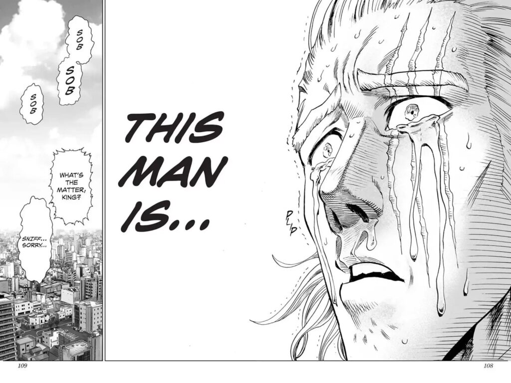 King starts crying after realizing that the young Saitama with hair had saved him before.