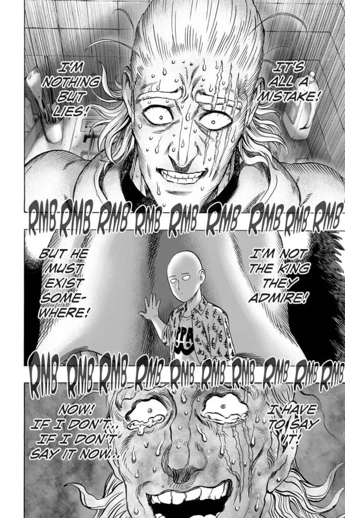 King cowers and sweats in fear as Saitama looks at him while holding the monster bird.