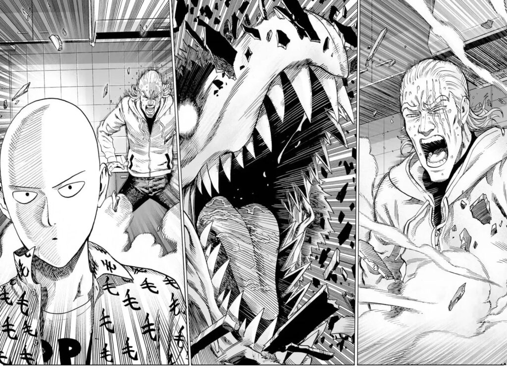 King shouts, scared, while the bird screams, and Saitama looks at it.