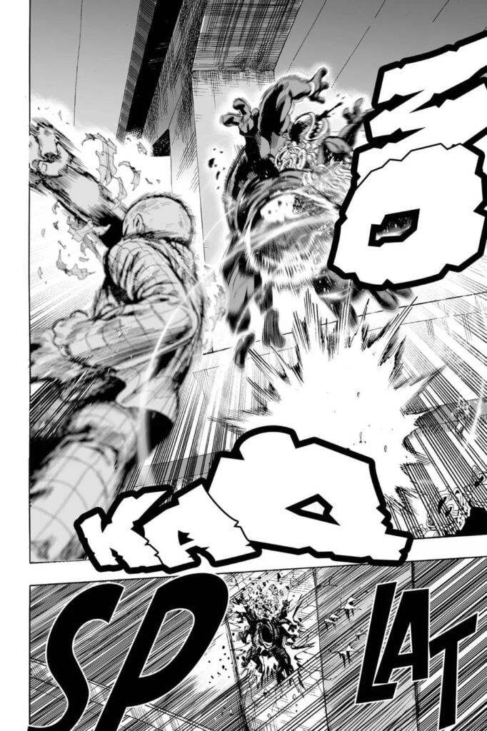 Saitama one-punched a monster and its belly got destroyed while also hitting a wall.