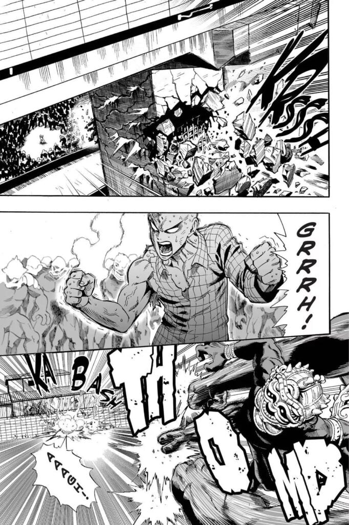 Saitama stands surrounded by Subterraneans. His fists are smoking and the Subterraneans kick him sending him flying.