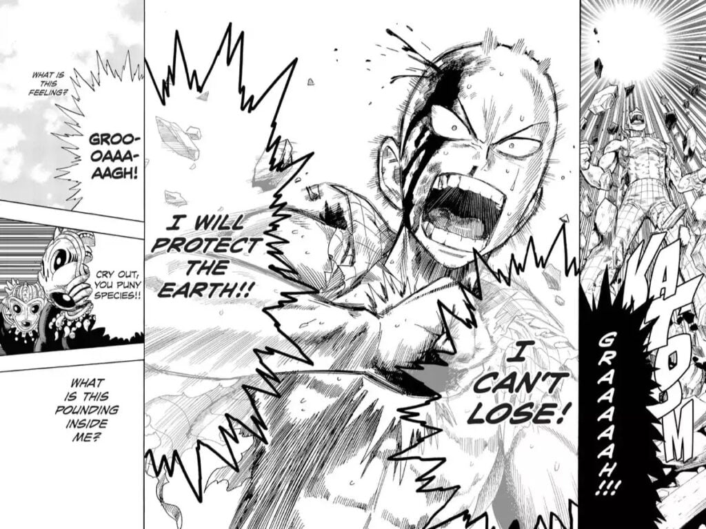 Saitama, with his bleeding head, is getting pumped up for fight because he wants to protect earth.