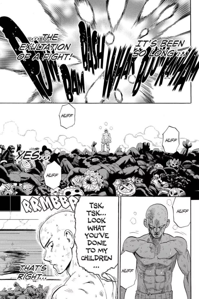 All monsters got beaten and Saitama is the one left standing in the pile of corpse. He looks behind after hearing someone talk.