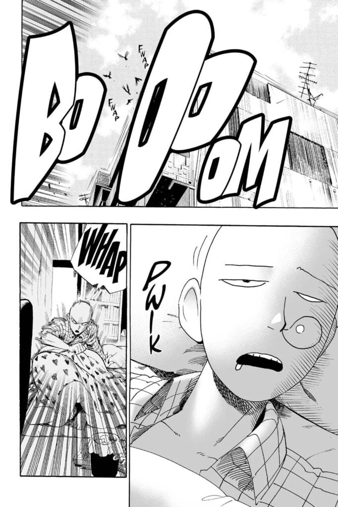 Saitama with saliva and bubble on his nose waking up to some noise.