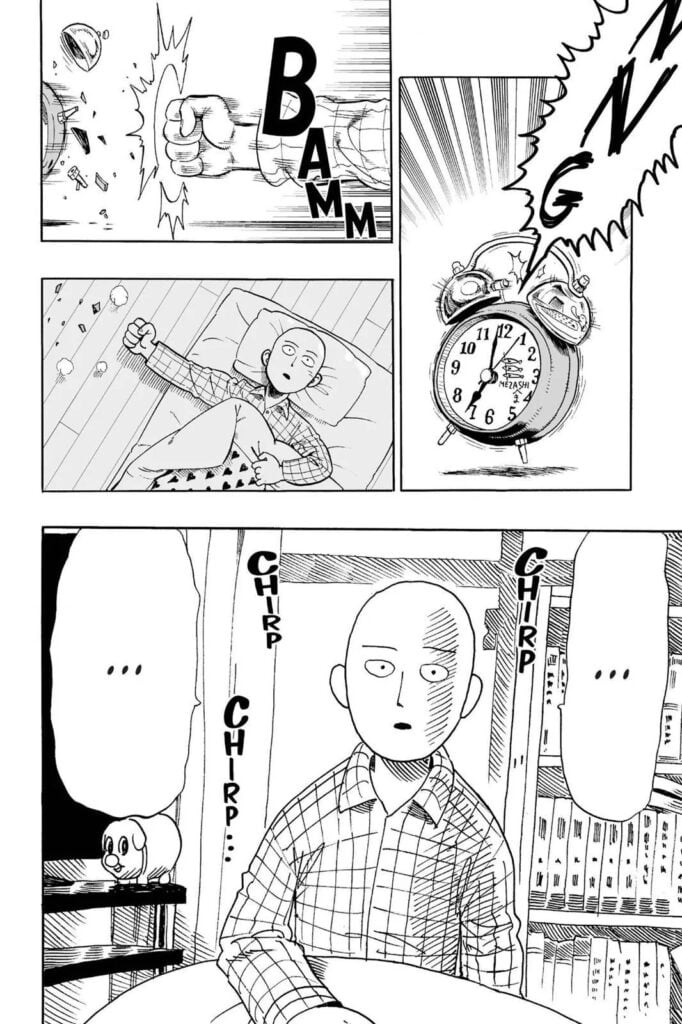 Saitama punched a ringing alarm clock and broke it, realizing everything was a dream.