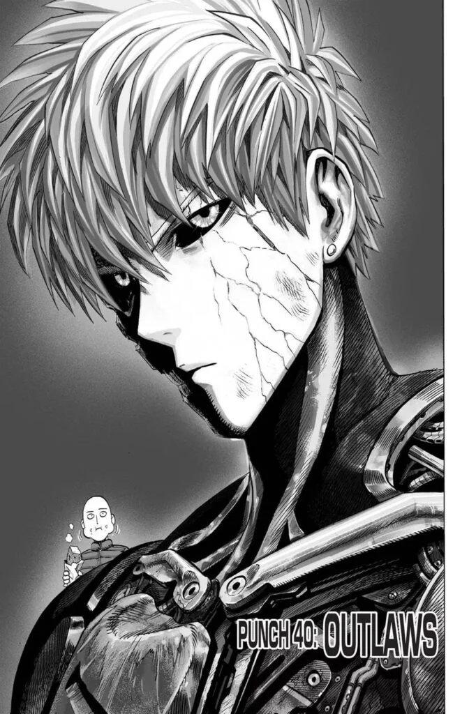 Genos with a cracked face and his metallic body exposed.