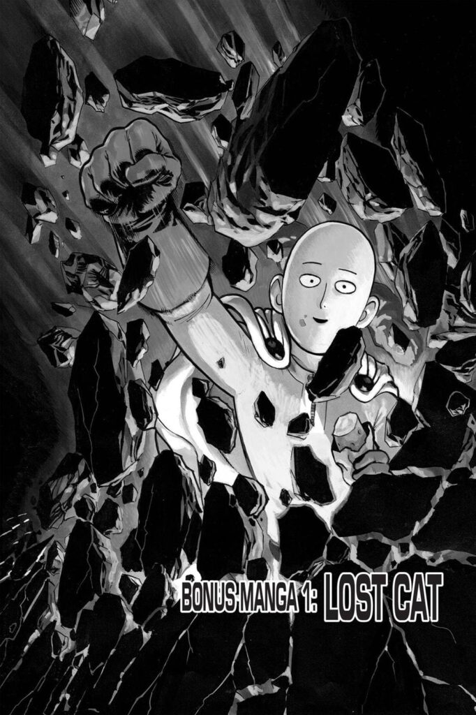 Saitama punches some rocks while showing his signature seemingly happy-bored face.