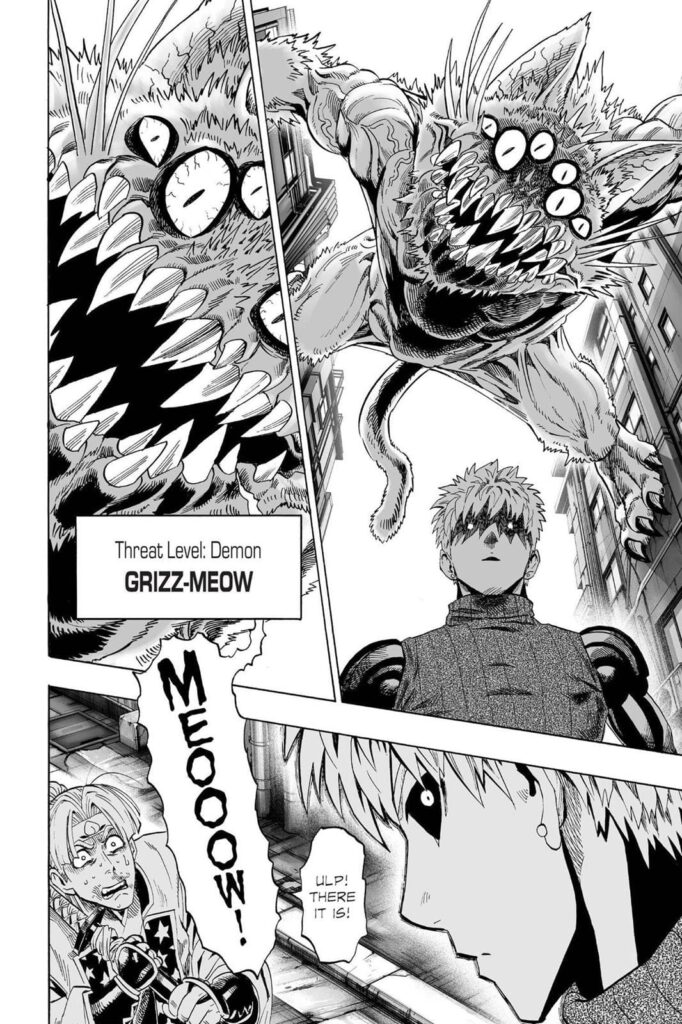 A monster that looks like a cat but has many eyes, sharp teeth, and long claws attacks Genos from above.