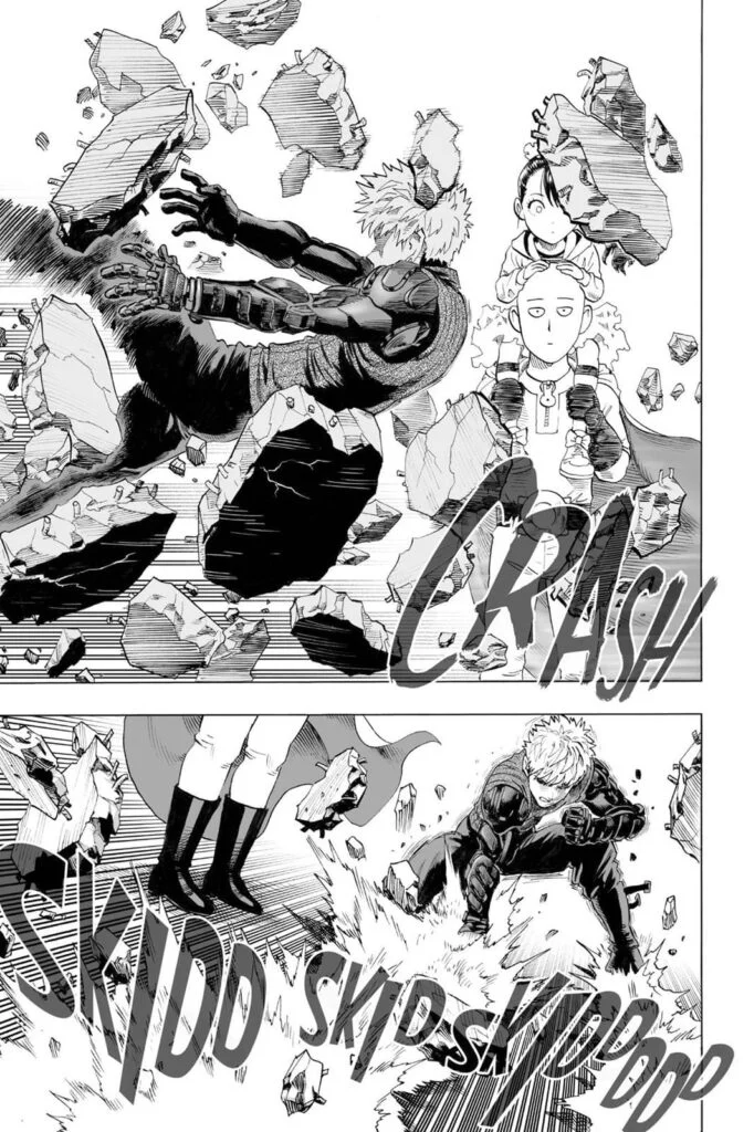 Suddenly, Genos appears, breaking the walls as he gets thrown away.