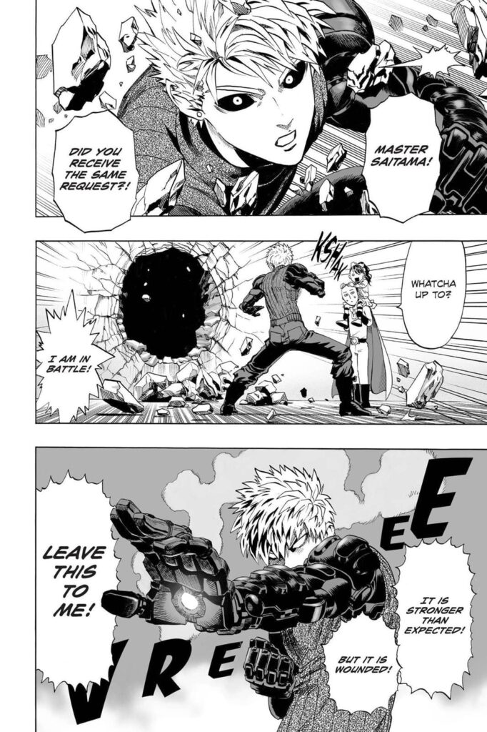 Saitama and Genos meet, but Genos continues fighting the monster.