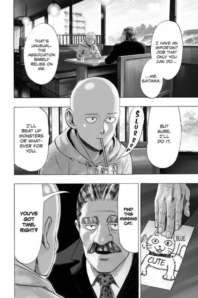 A man gives Saitama the job of finding a missing cat.