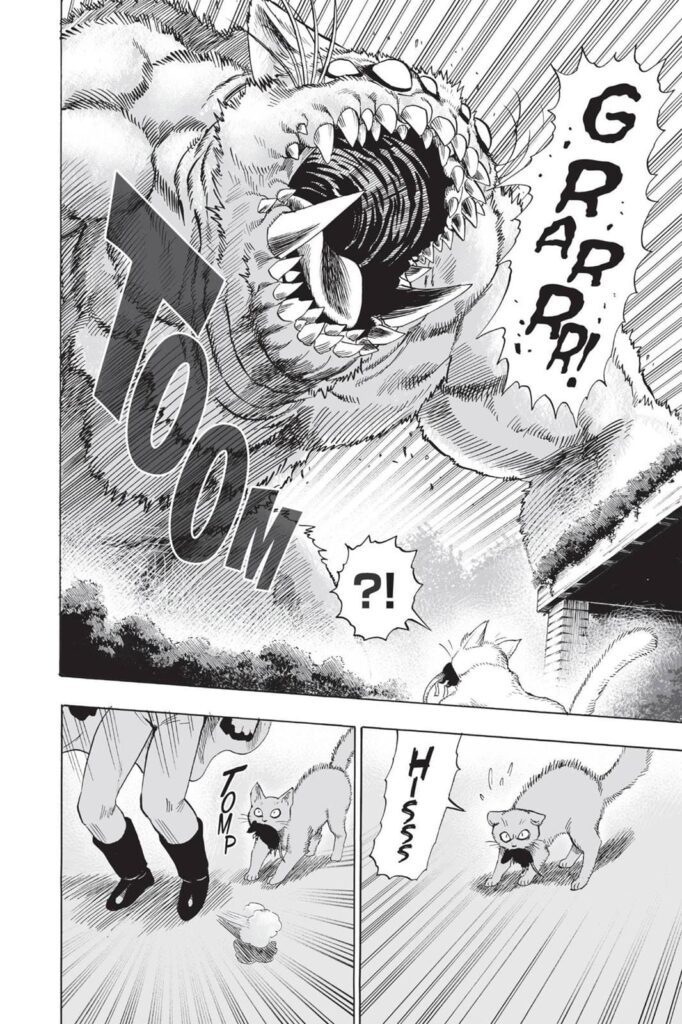 The huge monster cat attacks the normal cat that Saitama and the girl are chasing.