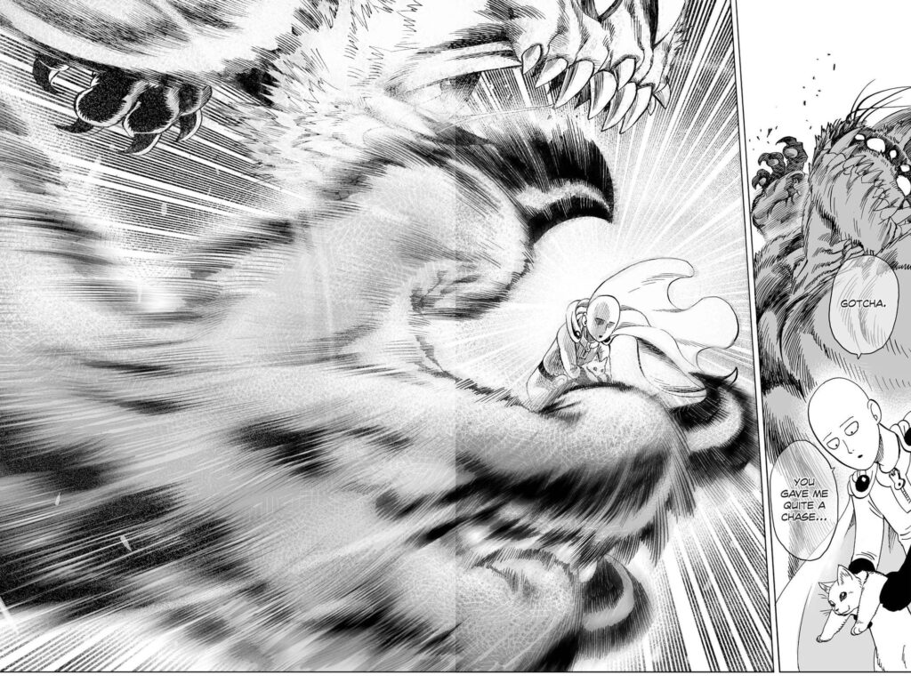 Saitama catches the normal, runaway cat while the monster cat starts striking them.