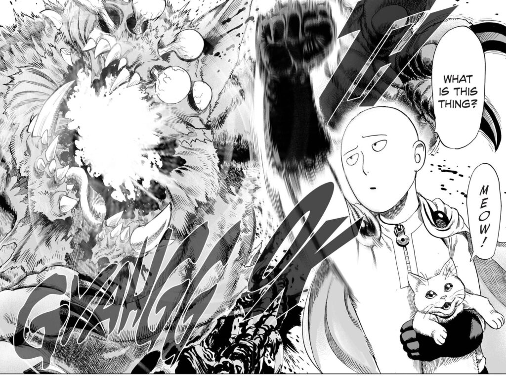 Saitama destroys the monster cat with just one punch.