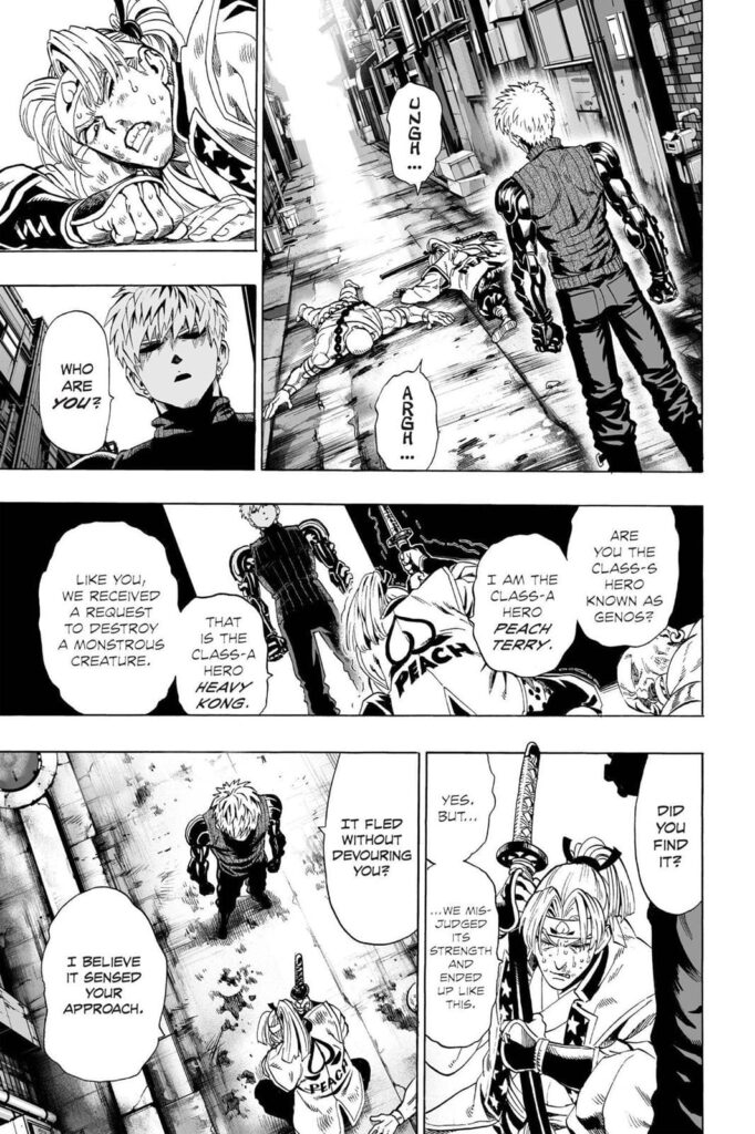 Genos saw Class A Hero Peach Terry and Class A Hero Heavy Kong down and bloody after fighting a monster.