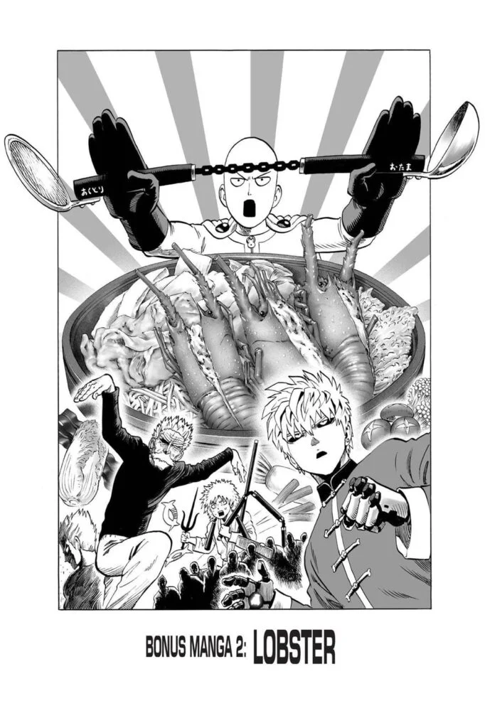 Saitama cooks lobster soup with Genos, Bang, Child Emperor, and Garo.