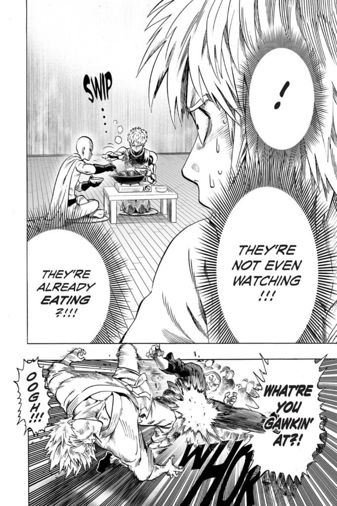 Charanko sees Saitama and Genos eating, but he gets hit with a kick from the gang member.