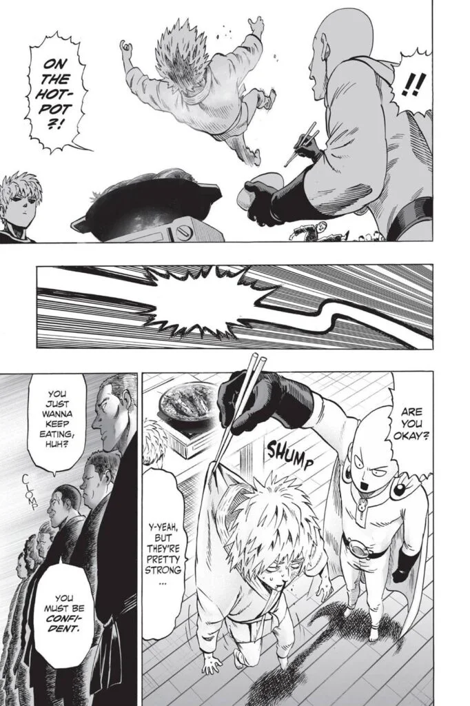 Charanko gets thrown, almost landing the hotpot, but Saitama catches him using chopsticks.