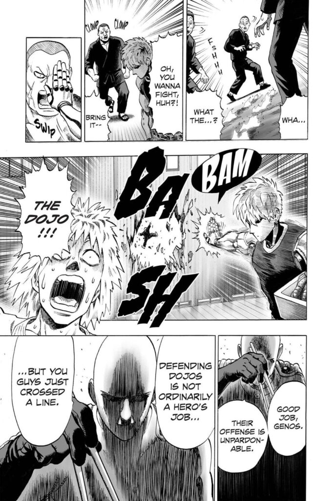 Genos attacks one of the gang members and throws him out while Saitama looks angry.