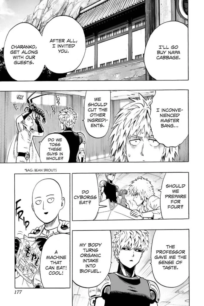 Bang decides to buy napa cabbage while instructing Charanko to get along with Genos and Saitama.