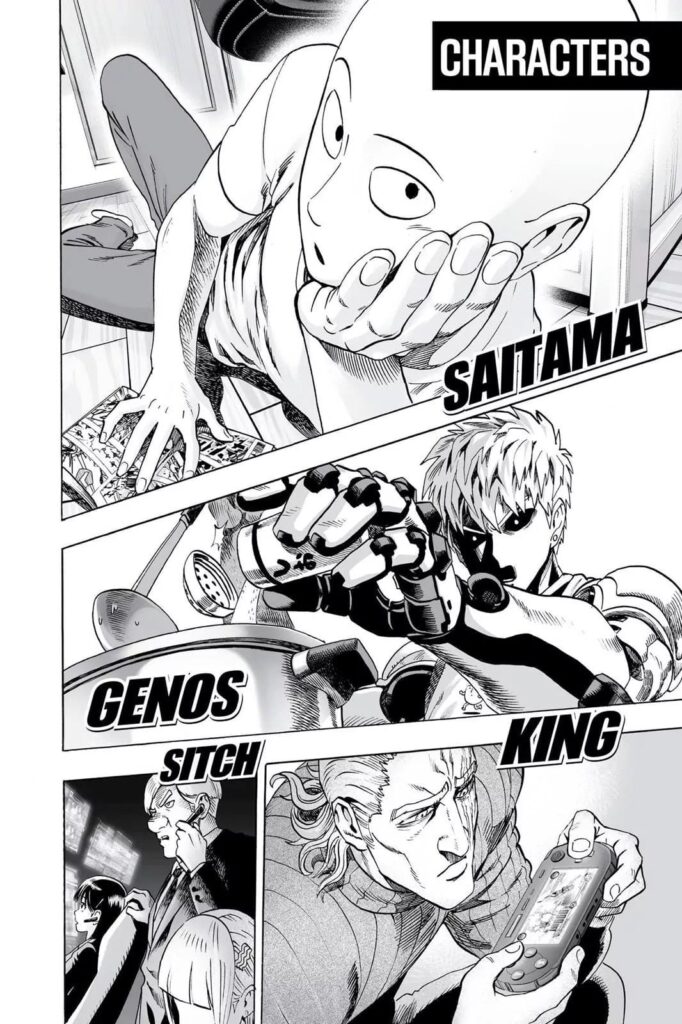 Saitama is reading manga, Genos is cooking, King is playing video games, and Sitch is calling on the phone.