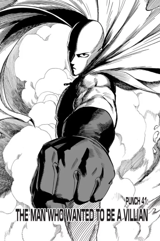 Saitama flexes his punch while his cape dances with the wind and dust disturbs around him.