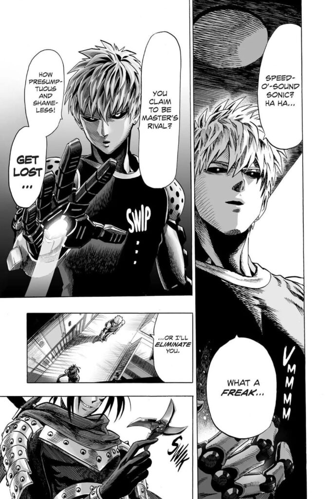 Genos laughs at Sonic's claim as Saitama's rival while they both prepare for a fight.