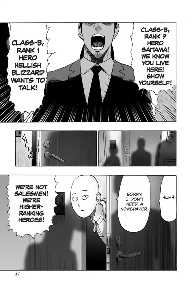 Suddenly, guys in suits appear looking for Saitama, but he dismisses them, saying he doesn't need newspapers.